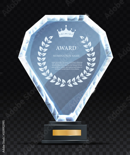 Realistic Award glass. Unusual geometric shape on golden pedestal. Achievements and reward for winner in competition. Jewelry and memory, employee motivation concept. Isometric vector illustration