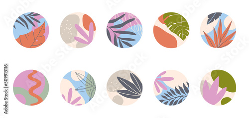 Bundle of insta highlights summer tropical covers.Modern vector layouts with hand drawn organic shapes,exotic plants and textures.Abstract summer backgrounds.Trendy design for social media marketing.