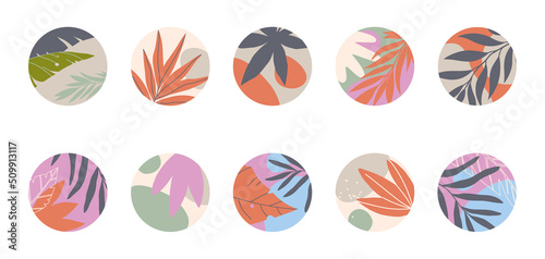 Bundle of insta highlights tropical covers.Modern vector layouts with hand drawn organic shapes,exotic plants and textures.Abstract summer backgrounds.Trendy design for social media marketing.