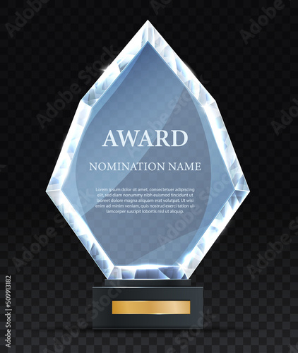 Realistic Award glass. Trophy or metal goblet on golden pedestal. Prize for winner of competition, best worker. Mock up and layout, graphic element for website. Isometric vector illustration