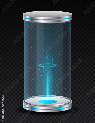 Game capsule with portal. Layout or template for website, elements for application development. Movements in time and space, magic and sorcery, fantasy. Realistic isometric vector illustration