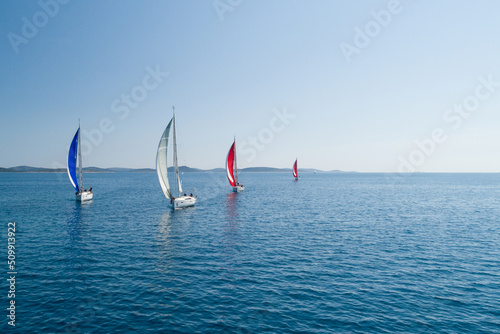 Aerial view of sailing yachts competition, Adriatic sea, Croatia