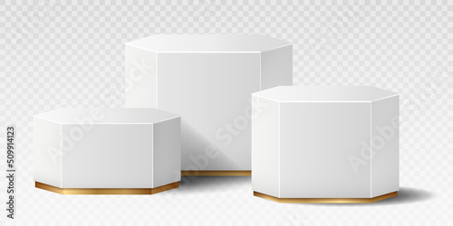 Realistic marble podium. Collection of white unusual shapes and polygons for product presentation. Sales and special offers for customers, banner or poster for website. Isometric vector illustration