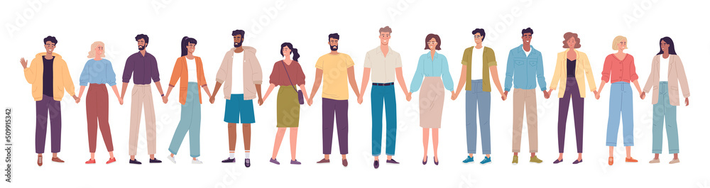 Happy young people holding hands standing together. Cartoon people characters design