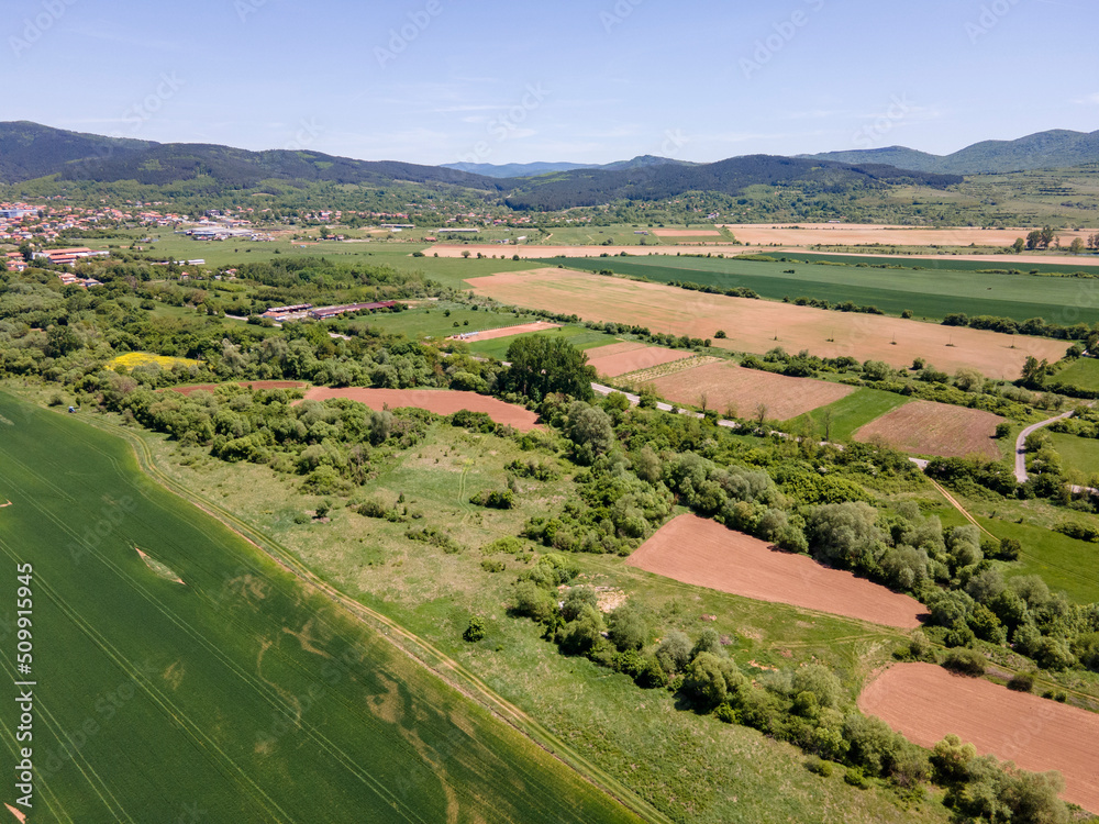 Aerial view of rural land near town of Godech, Bulgaria