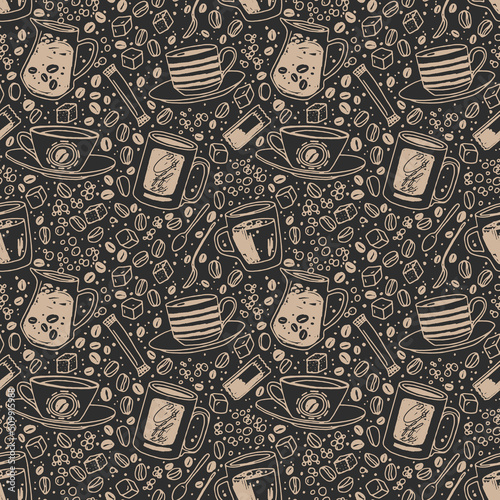 Vector hand drawn seamless pattern. Various cups sketch style drawn background with sugar, spoons, bubbles and coffee beans. Hand drawn linear graphic backdrop.