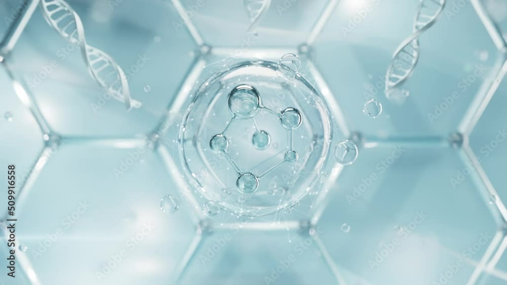 Science cosmetic, 3D Collagen serum and vitamin hyaluronic acid skin care solutions with cosmetic advertising background.