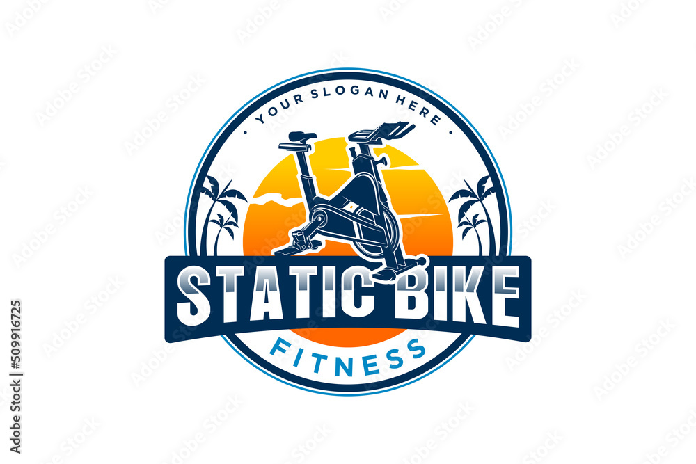 Static bike logo spin bike gym fitness design outdoor sunset palm tree emblem badge style