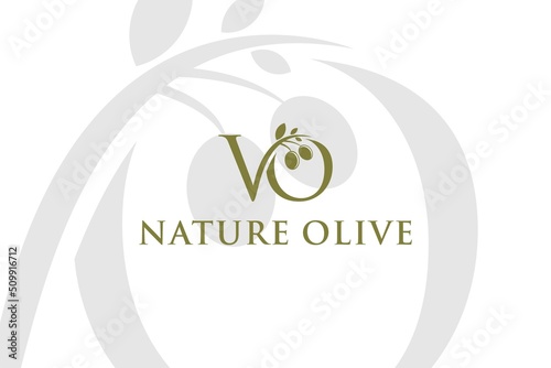 Initial logo green olives with leaves, organic medical healthcare food fruit