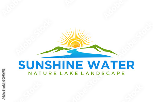 Minimalist Landscape Hills, Mountain Peaks River Creek sunrise Simple logo design Vector 