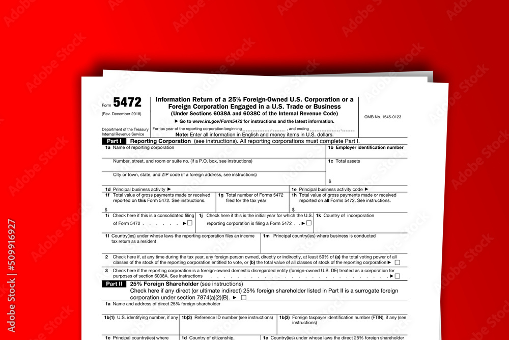 Fototapeta premium Form 5472 documentation published IRS USA 43416. American tax document on colored