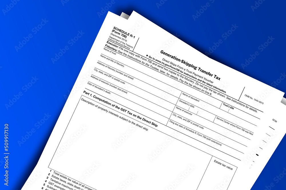 Form 706 (Schedule R-1) documentation published IRS USA 43475. American tax document on colored Form 706 (Schedule R-1) documentation published IRS USA 43475. American tax document on colored