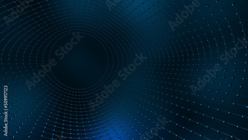 Metallic Silver Mathematical Geometric Abstract Wave Dots-Line Grid Structure under Blue Spot Lighting Background. Conceptual image of technological innovations, strategies and revolutions. 3D CG.