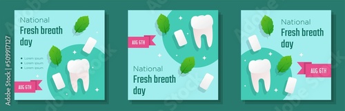 Official fresh breath day social media post, banner set, dental health care celebration advertisement concept, mint chewing gum marketing square ad, abstract print, isolated on background