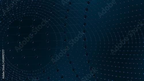 Metallic Silver Mathematical Geometric Abstract Wave Dots-Line Grid Structure under Blue Spot Lighting Background. Conceptual image of technological innovations, strategies and revolutions. 3D CG.