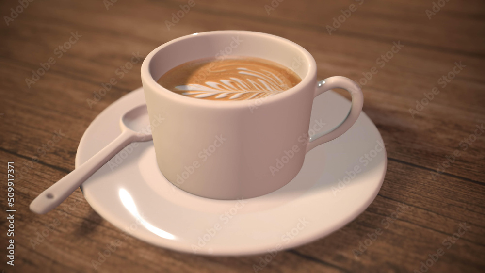 Cup of coffee on a wooden table 3d-rendering