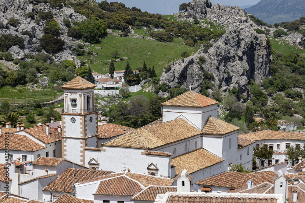 Aerial view of Grazalema, considered one of the most beautiful white villages in Spain,
