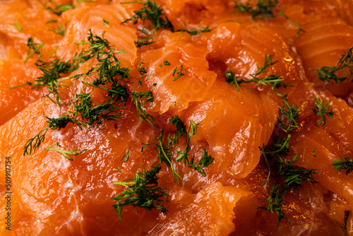 Cured salmon (gravad lax) with dill, a typical dish on a Swedish Christmas table or Smorgasbord (smörgåsbord). photo