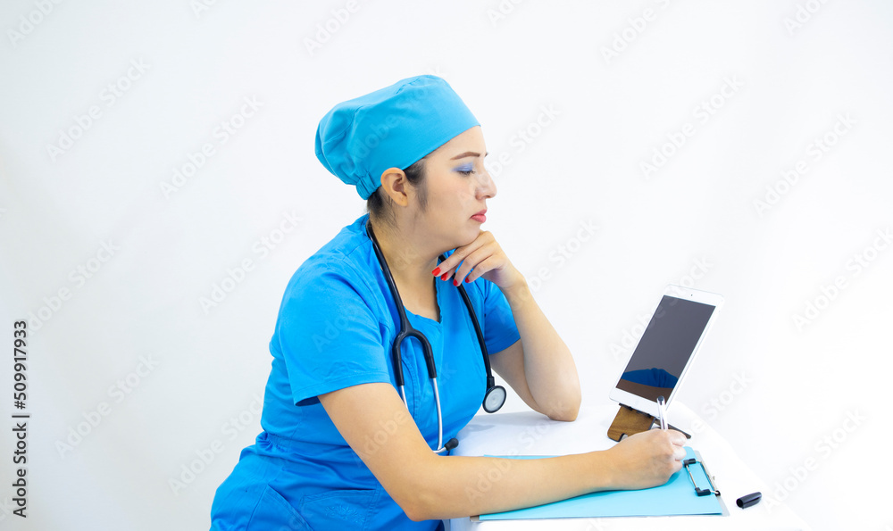 beautiful woman lab technician wearing uniform and blue surgical cap, in video call to give results, on white background beautiful woman lab technician wearing uniform and blue surgical cap, in video call to give results, on white background