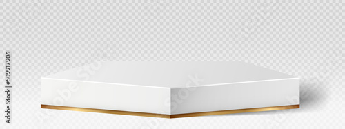 Realistic marble podium. White and gold pedestal. Place for presentations, advertising of goods and cosmetic products. Modern internet marketing, poster for online store. Isometric vector illustration