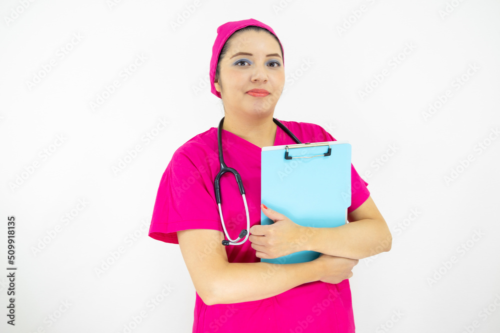 beautiful woman medical assistant, wearing uniform and pink surgical