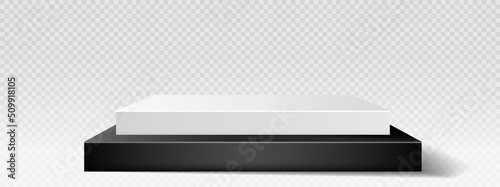 Realistic marble podium. White and black pedestal. Presentation of goods on Internet, advertising of cosmetics. Luxury poster or banner for online store, marketing. Isometric vector illustration