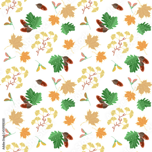 Seamless botanical pattern with autumn leaves and acorns in flat technique 