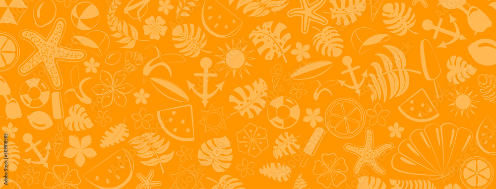 Background of various items related to summer holidays at sea, in yellow colors