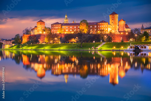 Krakow  Poland - Wawel Castle and Vistula River reflection