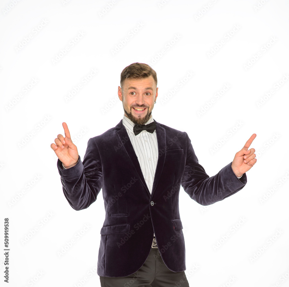 cheerful man in a jacket with a bow tie posing isolated on a light background cheerful man in a jacket with a bow tie posing isolated on a light background