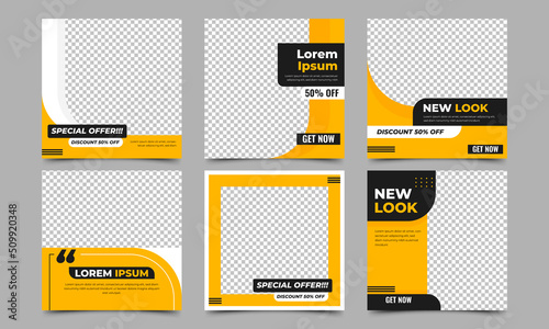 Set of Editable square banner design template. Yellow background with place for the photo. Usable for social media post, and web ads.