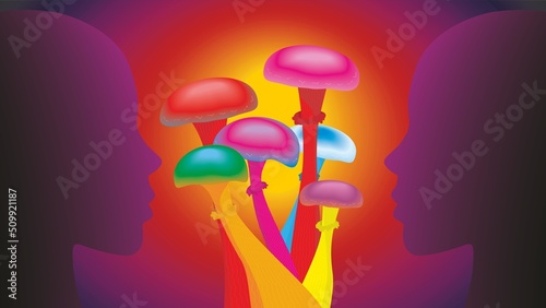 Abstract banner with psychedelic, magic mushrooms and human faces profiles. Dimension 16:9.