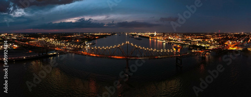 Night time of Baton Rouge Louisiana Mississippi River Bridge and State Capitol