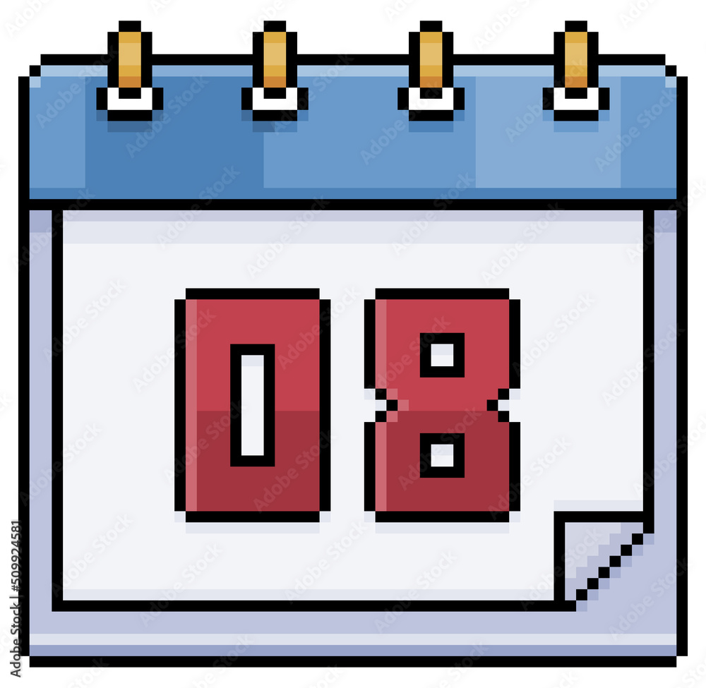 Pixel art calendar with date 08. Day 08. Holiday day 08 vector icon for 8bit game on white background
Pixel art calendar with date 08. Day 08. Holiday day 08 vector icon for 8bit game on white background
