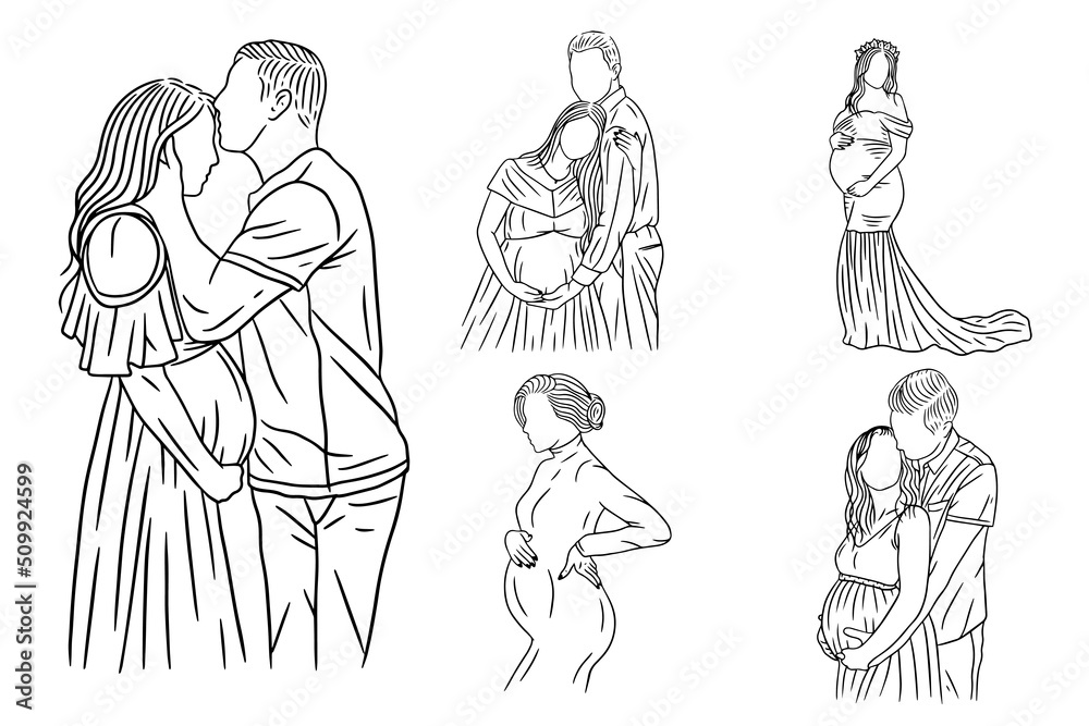 Premium Vector  Set bundle line art drawing simple maternity couple pose  love father and mother hand drawn