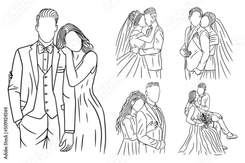 Set Bundle Line Art Drawing Simple Love Couple Wedding Happy Hand Drawn