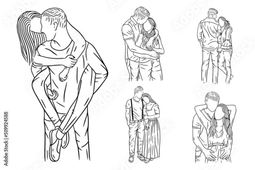 Set Bundle Line Art Drawing Simple Couple Fall in Love Happy Cute Hand Drawn