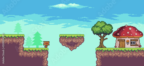 Pixel art arcade game scene with tree, floating island, house and clouds 8 bit vector background

