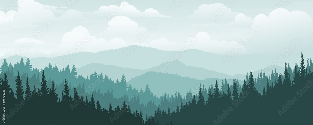 Mountain landscape with pine forest, cloudy sky over mountains in the morning.