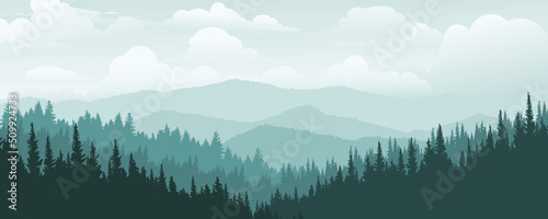 Mountain landscape with pine forest, cloudy sky over mountains in the morning.
