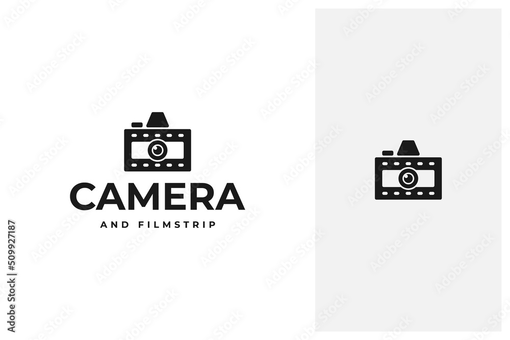 camera combined with film strip vector logo design camera combined with film strip vector logo design