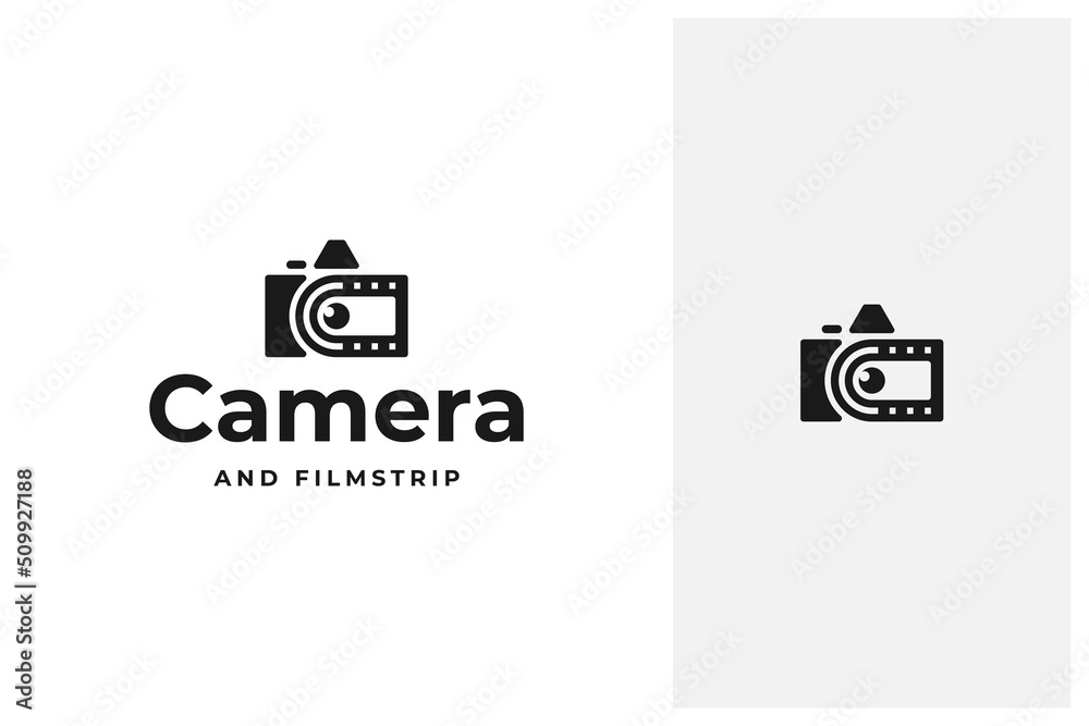 camera combined with film strip vector logo design camera combined with film strip vector logo design