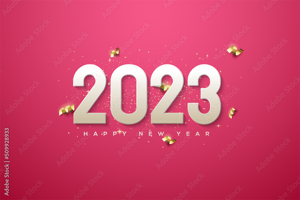 2023 happy new year with white numbers and gold ribbon
