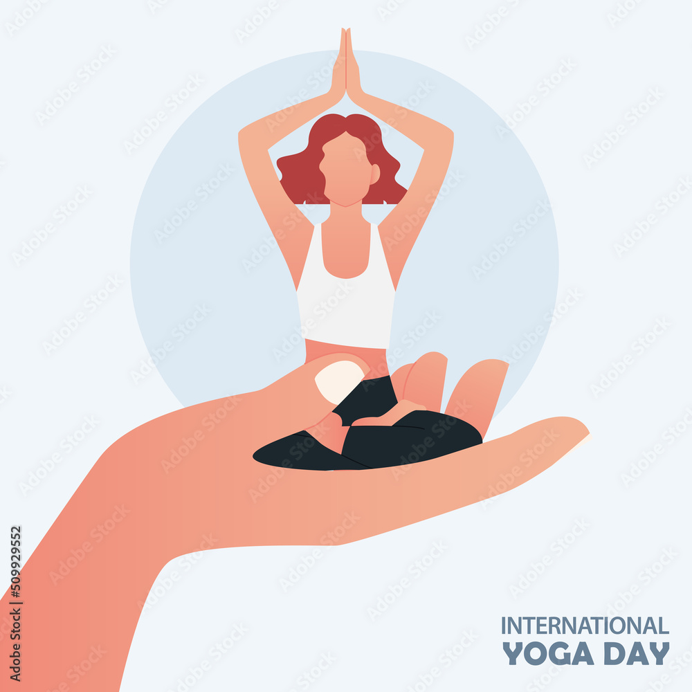 21 June International yoga day banner or poster with large human hand carrying young short hair woman sitting in meditation pose or lotus pose with hands up. Flat cartoon in yoga pose. 