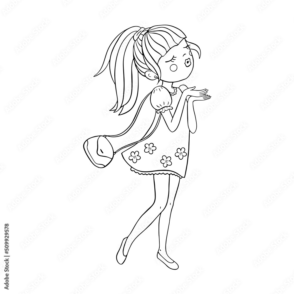 Pretty girl in outline style sends an air kiss. A stylized character for design. Pretty girl in outline style sends an air kiss. A stylized character for design.