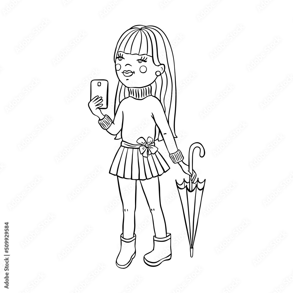 Cute girl in outline style with an umbrella looks at the phone. A stylized character for design. Cute girl in outline style with an umbrella looks at the phone. A stylized character for design.