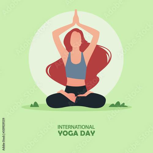 21 June International yoga day banner or poster with young long hair woman sitting in meditation pose or lotus pose with hands up on greensward. Flat cartoon in yoga pose.