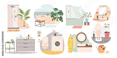 Set of various modern and cozy bathrooms. Bathtub and shower cabin, sink table and mirror, washing laundry machine, toilet room, care hygiene products, interior furniture and appliances vector