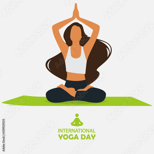 21 June International yoga day banner or poster with young long hair woman sitting in meditation pose, lotus pose or padmasana on green yoga mat. Flat cartoon in yoga pose.