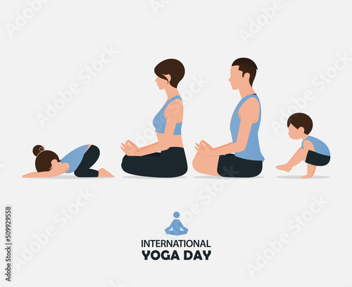 Happy Family yoga concept of people doing yoga exercises and sitting in lotus pose or meditation. Flat design of father and mother with children doing yoga pose. 21 June International yoga day banner.